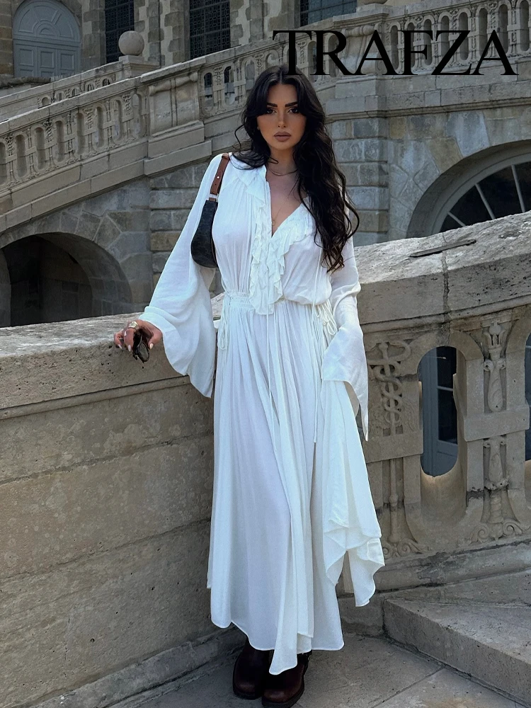 

TRAFZA Women's Fashion Dresses White V-Neck Long Sleeves Flounced Edge Lace-Up Decoration Female Summer Beach Style Long Dress