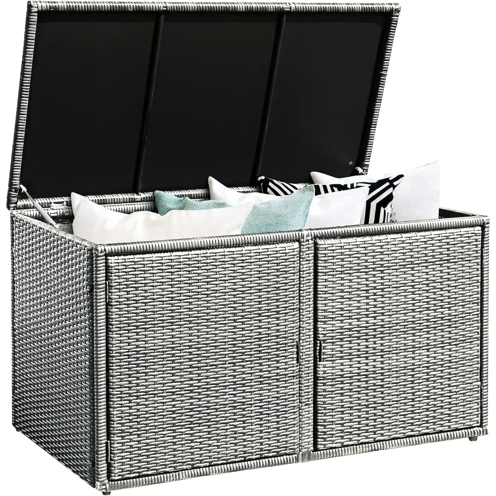 

Storage Box Patio Wicker Storage Bin Deck Box Cabinet w/Steel Frame, Deck Storage Container w/88 Gallon Capacity and She