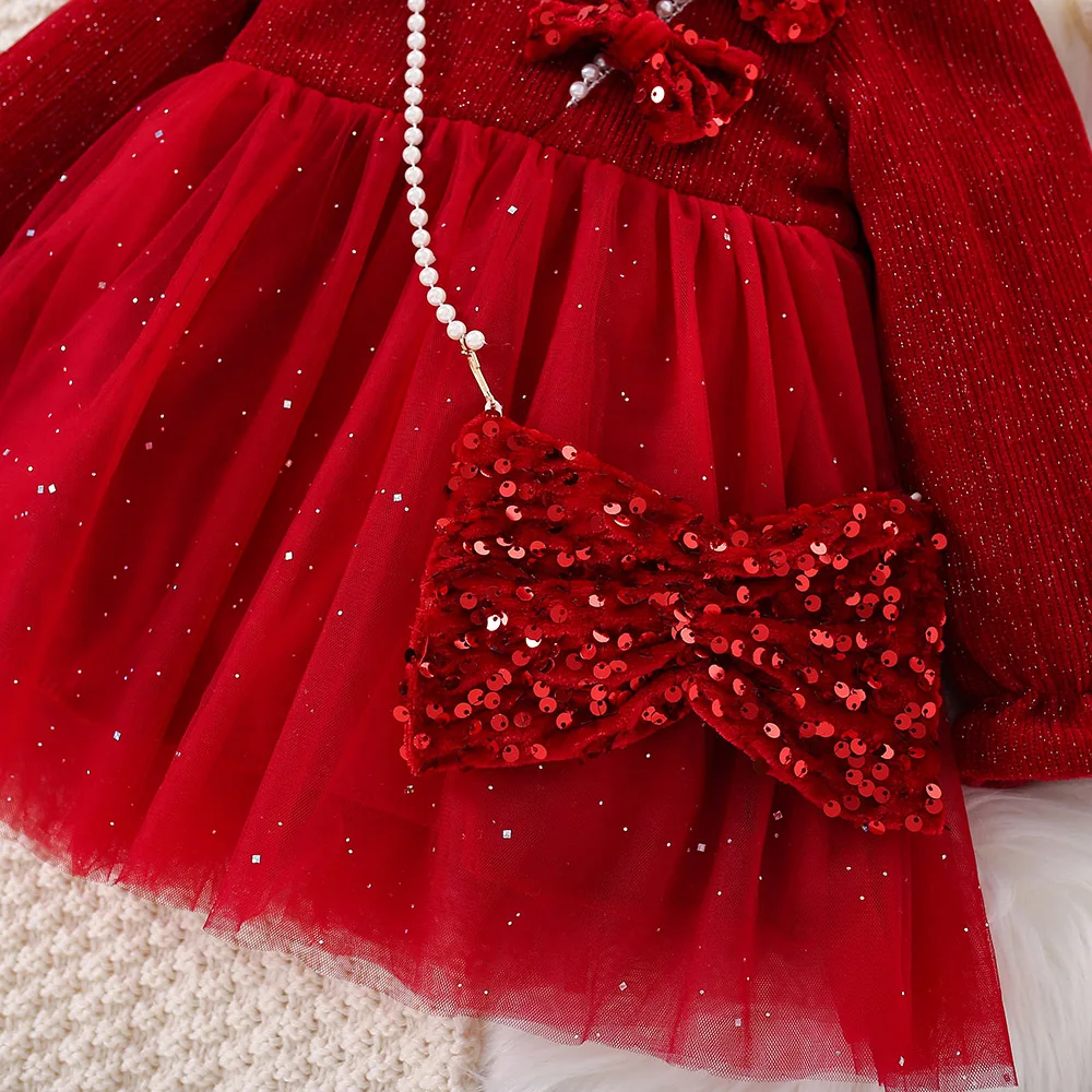 Christmas Red Baby Girl Dress Long Sleeved Plush Gold Velvet Sequin Bow Tie Mesh Party Princess Dress