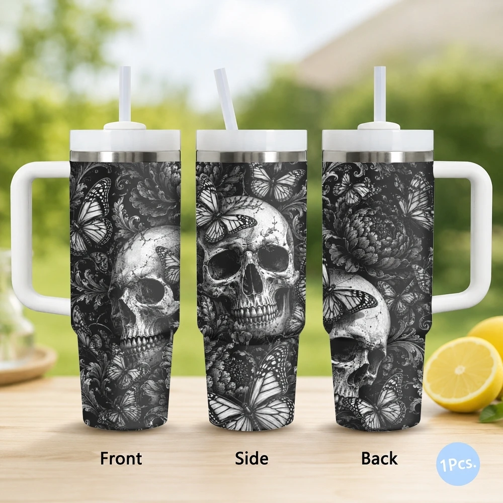 Gothic Skull Butterfly Vacuum Flasks 40oz Stainless Steel Insulated Tumbler with Handle & Straw Leakproof Travel Mug