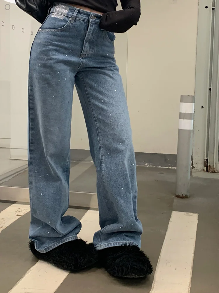 Benuynffy Women Streetwear Loose Vintage Jeans Korean Fashion Rhinestone Y2K Casual High Waist Female Straight Leg Denim Pants — zdjęcie 3