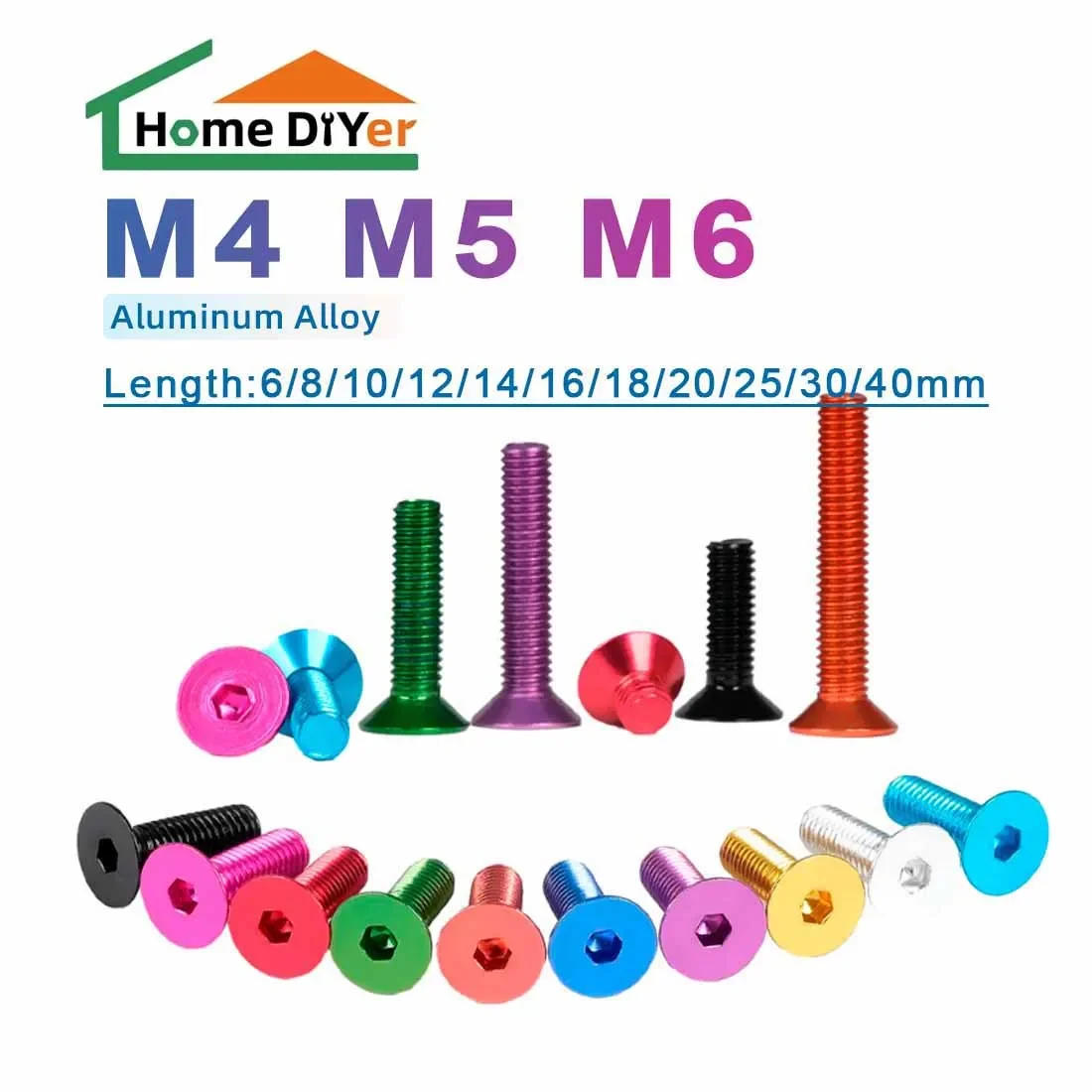 10PCS 7075 Aluminum Allen Screws M5 M6x6/8/10/12/15~40mm Flat Hex Socket Countersunk Head Screws Bolts Anodized Color
