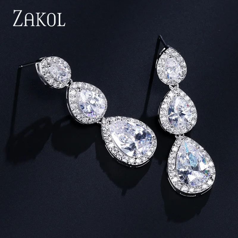 ZAKOL Fashion Water Drop CZ Zirconia Long Dangle Earrings for Women Bridal Wedding Party Crystal Jewelry EP2208