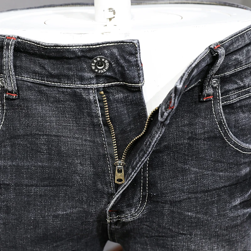 Italian Style Fashion Men Jeans Retro Black Gray Stretch Slim Fit Ripped Jeans Men Vintage Designer Casual Denim Pants Hombre