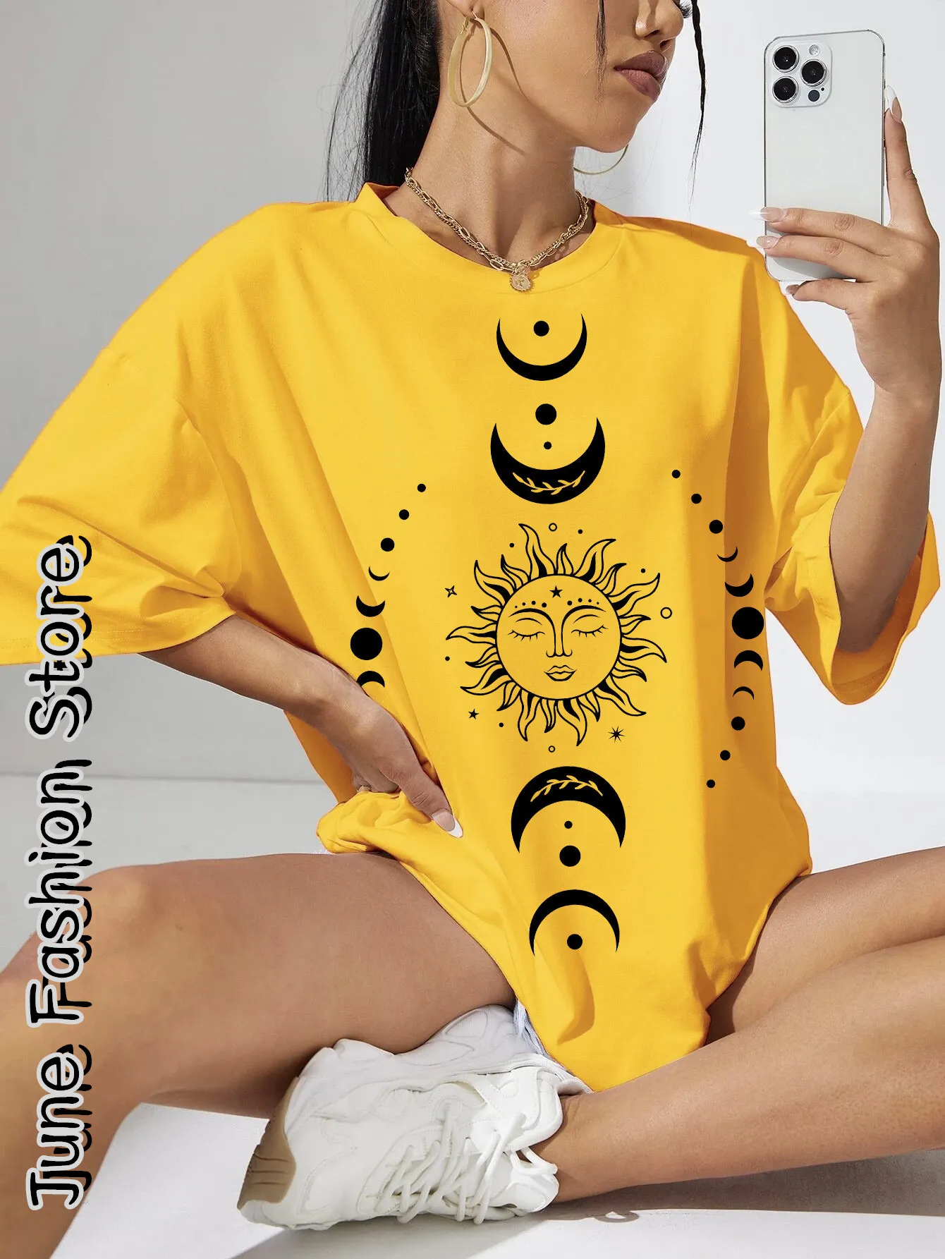 Summer Women Vintage Cotton T-Shirt Short Sleeve Clothing Female Cartoon Sun Moon Graphic Tops Tees Girls Casual Streetwear