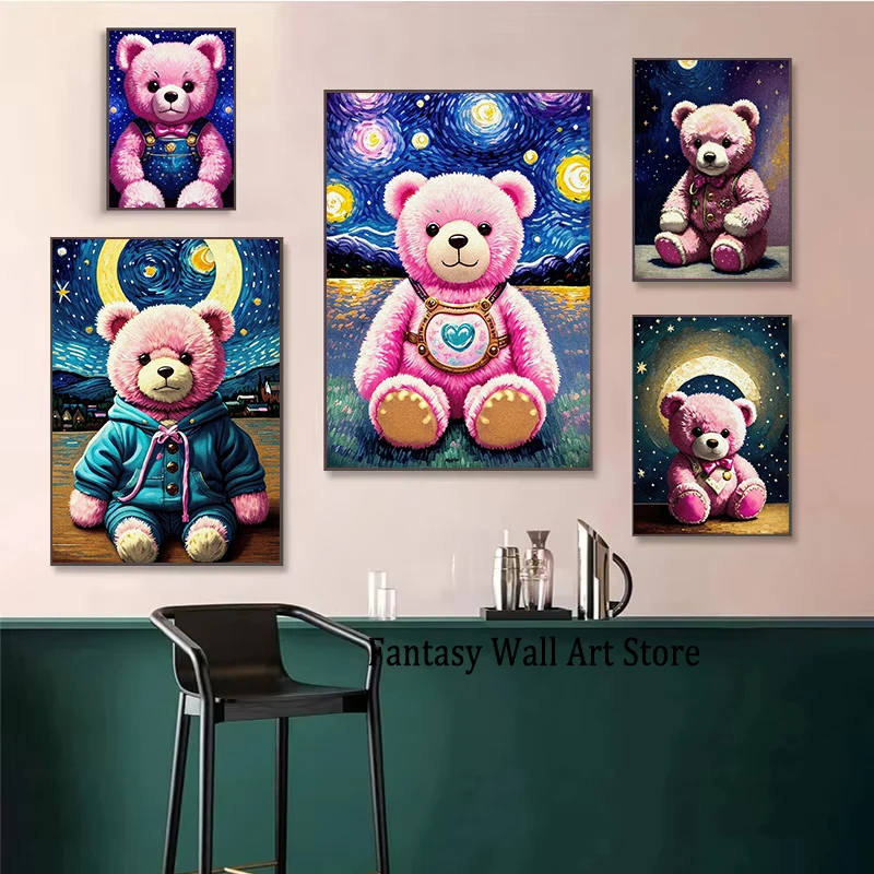Pink Teddy Bear Starry Sky Vintage Painting Prints Teddy Bear Cute Cartoon Painting Nursery Room Kids School Canvas Decoration