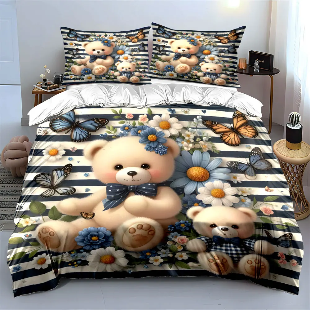 Cute Teddy Bears with Blue Flowers Duvet Cover Set with 3D Printing Design Soft Polyester Bedding Set All-Season Comfort