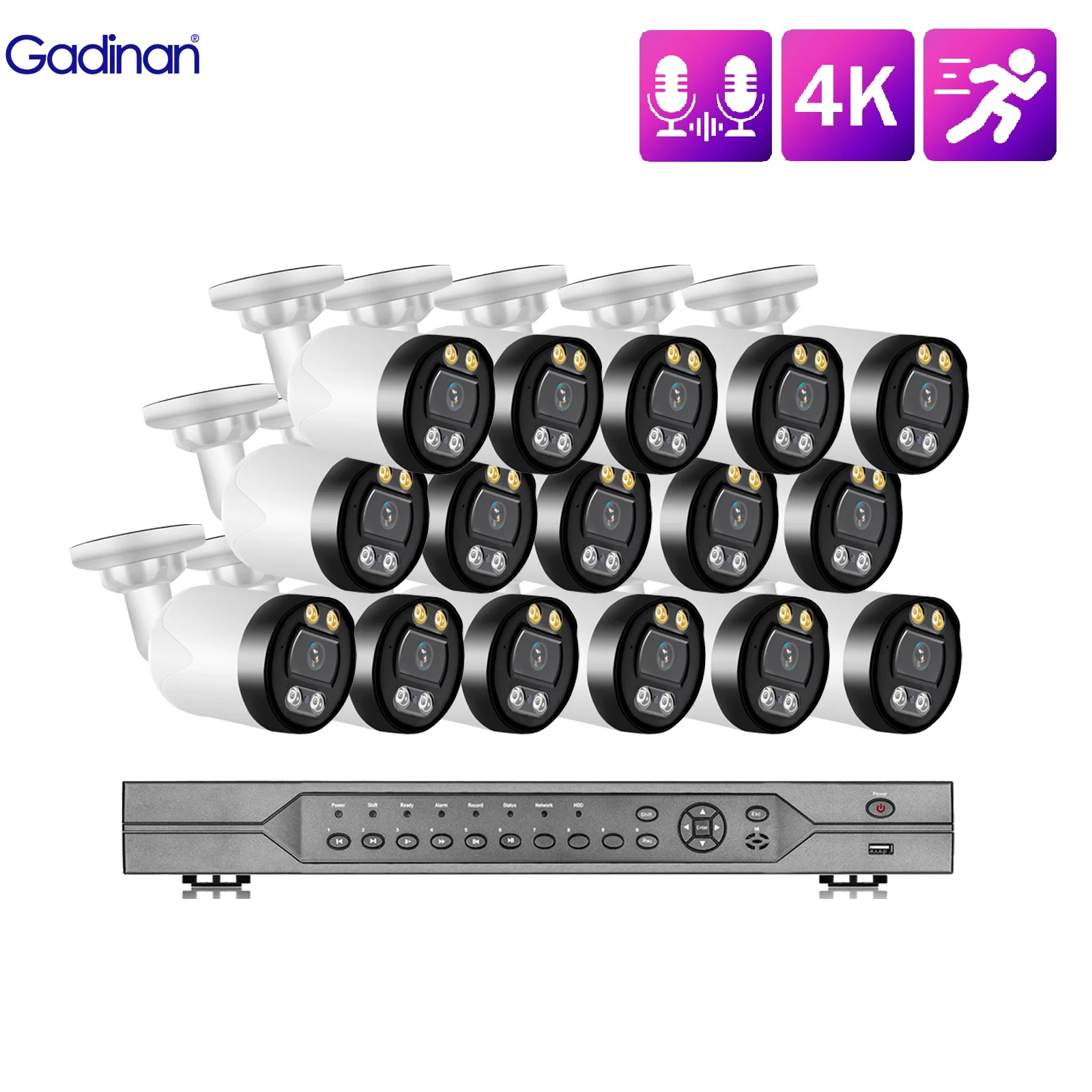 Gadinan 16CH 8MP 4K Ultra HD IP Camera Real-Time Two-Way Audio Outdoor Network Video Surveillance Set Motion Detection Monitor