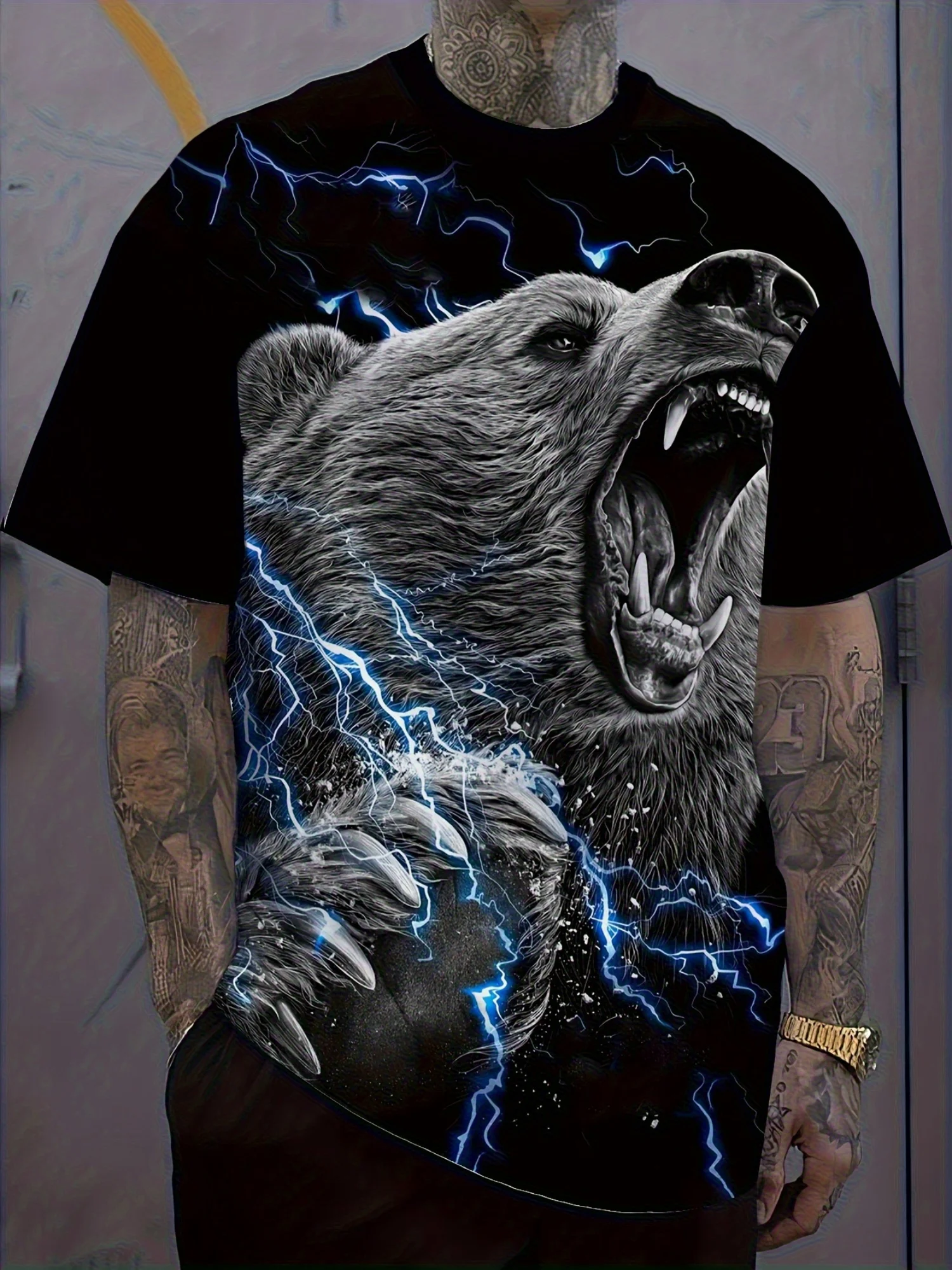 

Мужская футболка с рисунком молнии и медведя с 3D-принтом — черная повседневная футболка с короткими рукавами и цифровым принтом спереди и сзади