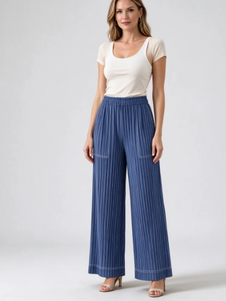 Miyake Women Fine Vertical Pleated Wide Leg Pants, High Waist Loose Trousers, Casual Flowy Palazzo Pants