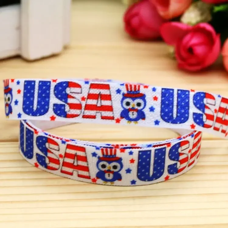 

DHK 5/8'' 10yards Flag Owl Skull Tribe Printed Fold Elastic FOE Stretch Ribbon Decorations Craft DIY Sewing B2338