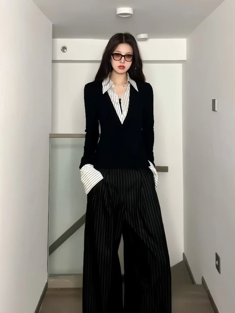 الجمالية الخريف الساخن فتاة المرقعة تي شيرت المرأة موضة خمر مخطط رقيقة بولو طوق القمصان الإناث شارع العليا Y2k تيز