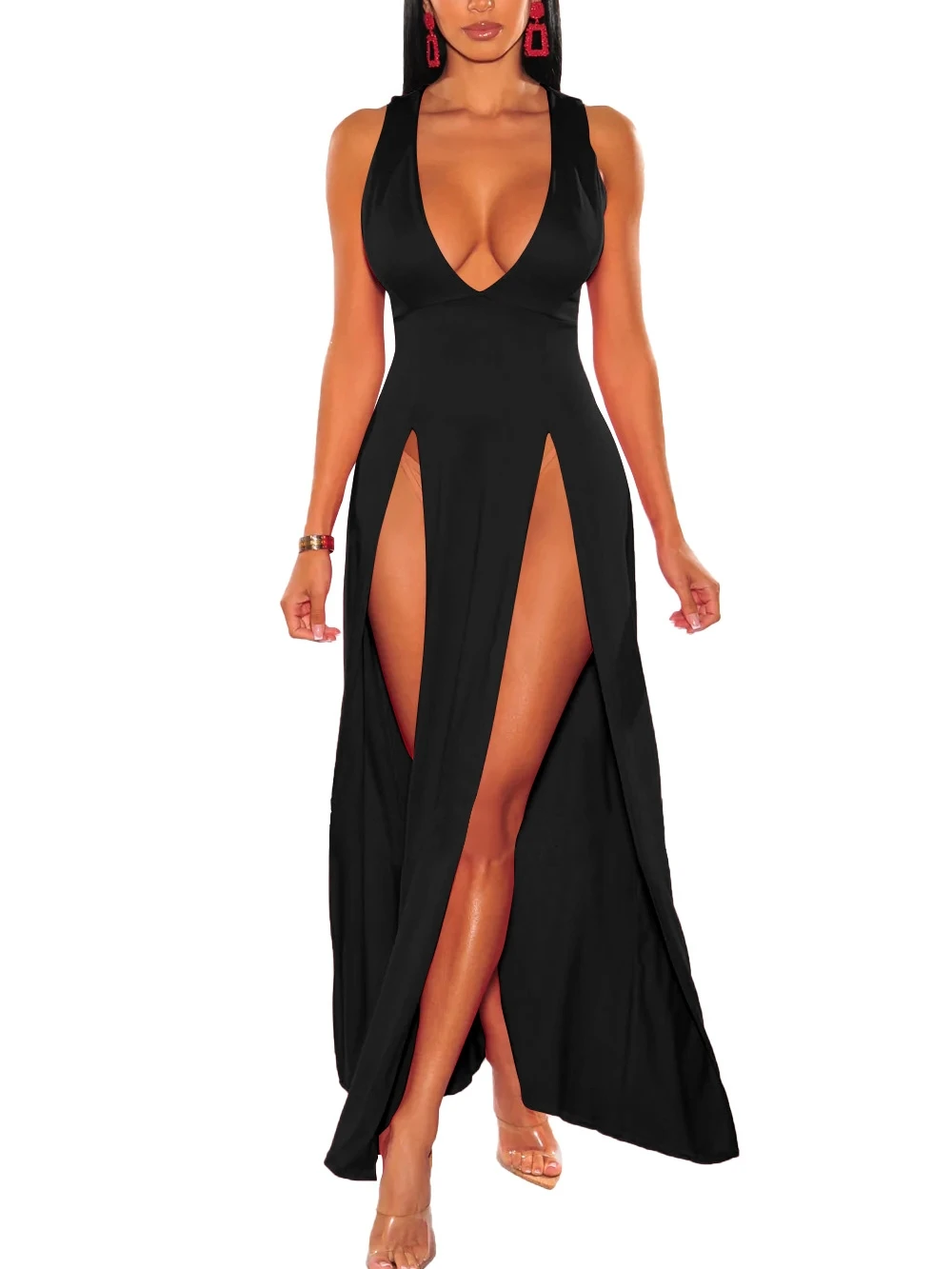 Vestido Midi sin Mangas con Escote Profundo en V y Abertura, Color Puro, Estilo del Sudeste Asiático, Moda Femenina, Primaver...