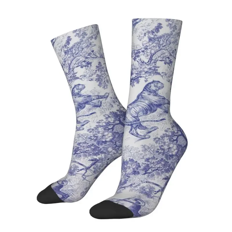 Classic French Toile De Jouy Motif Pattern Men's Crew Socks Unisex Funny 3D Printing Animal Floral Navy Blue Art Dress Socks