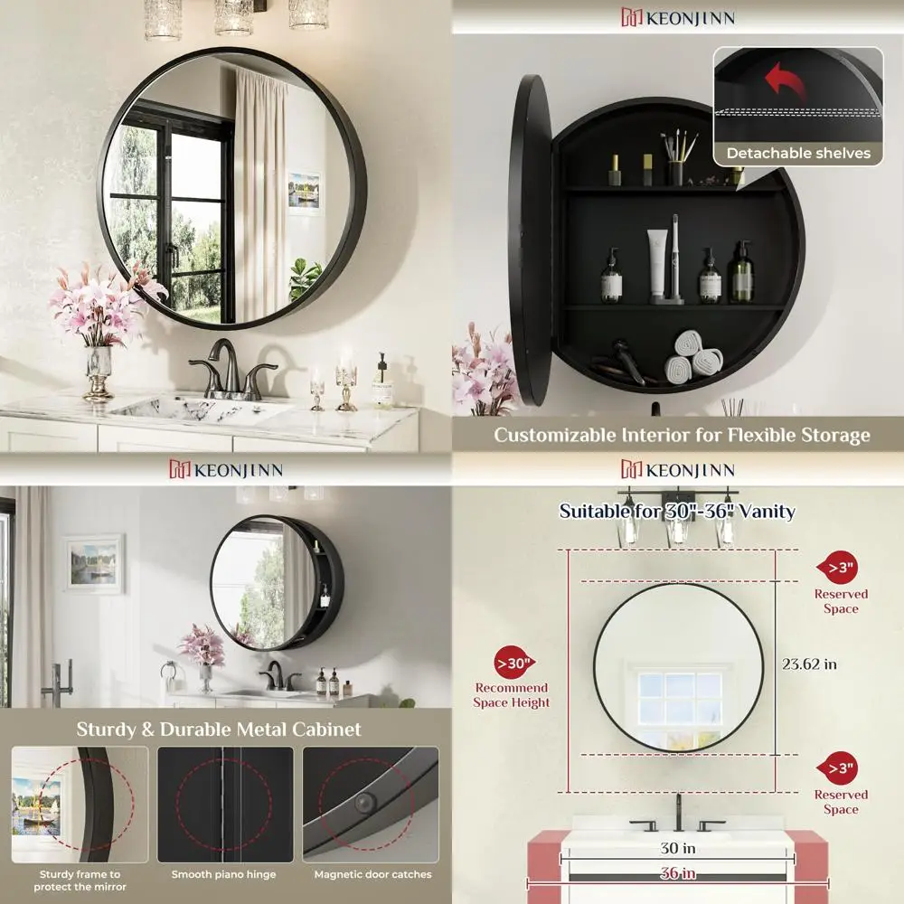 

24-Inch Circular Black Mirrored Surface Mount Medicine Cabinet for Bathroom