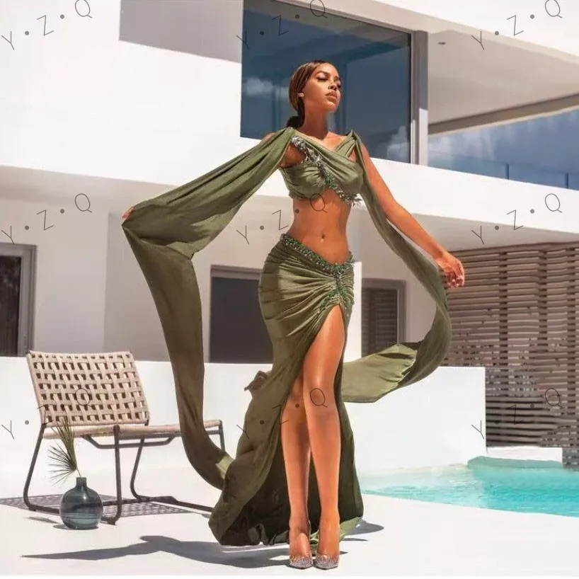 

Olive Green Prom Gown Crystals 2 Pieces Sexy Pleated Party Dresss Tiered Full Sleeve Formal Dress Beaded Criss Cross