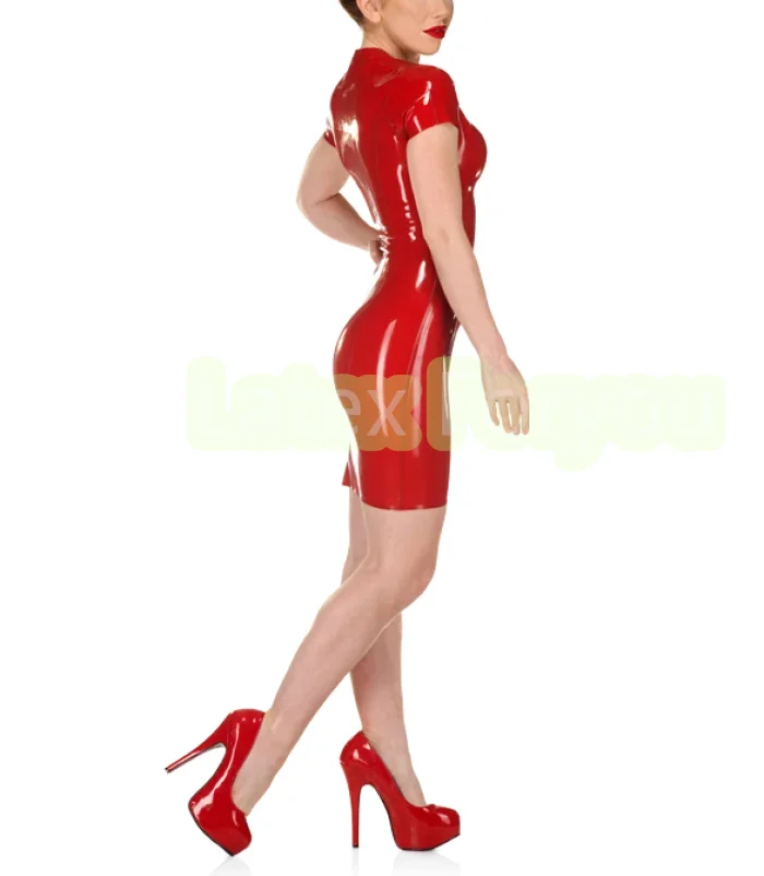 100% Latex Catsuit Tight-fitting Dress with Front Long Zip Low V Neck Rubber Bodysuits Women Clubwear Gummi Sexy Dress Hot Sell