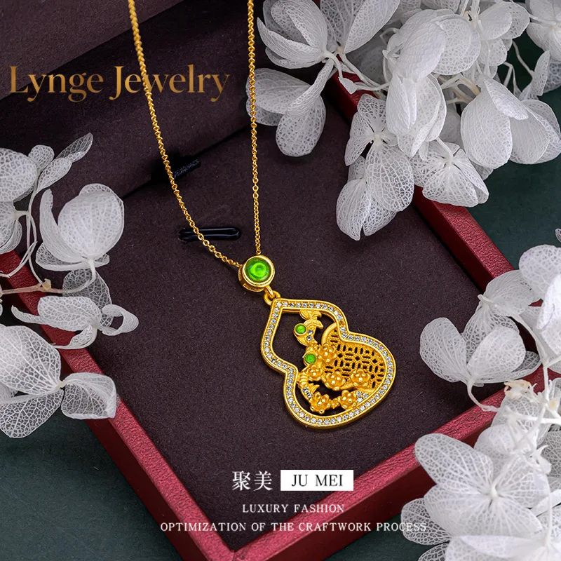 Lynge Jewelry Gold national trend necklace 24K real gold lily of the valley flower gourd pendant Ruyi lock bag 9999 retro style