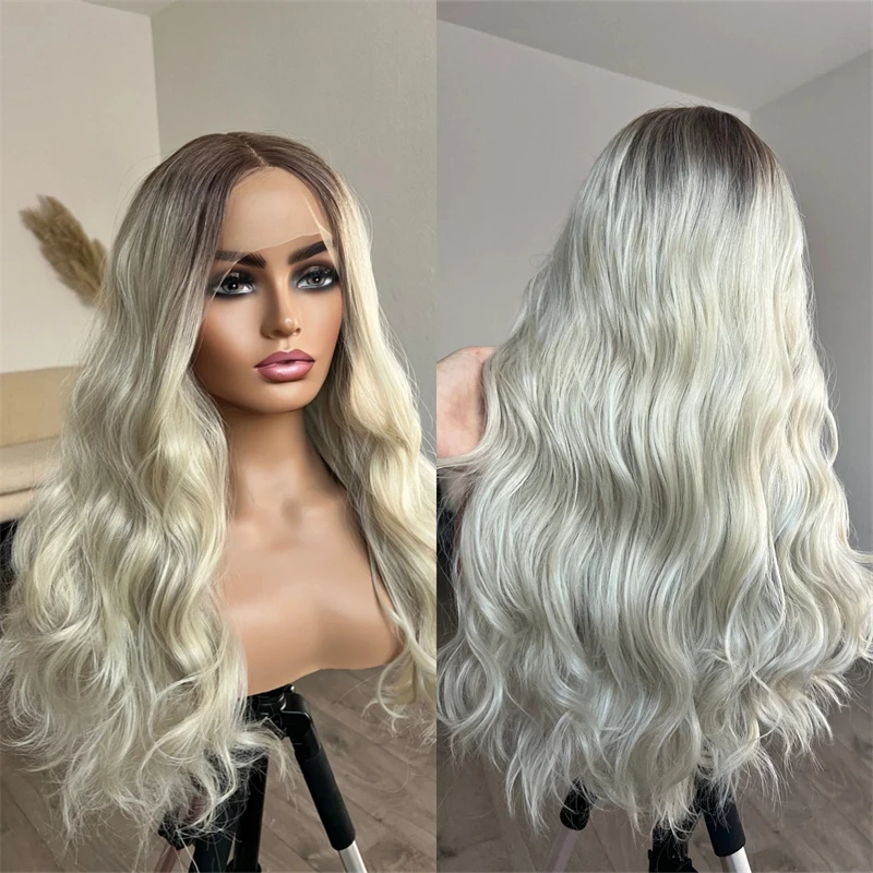 

Long Beautiful Wigs for Women 13x4 Ombre Platinum Blonde Balayage Synthetic Lace Front Wig with Dark Roots Preplucked Hairline