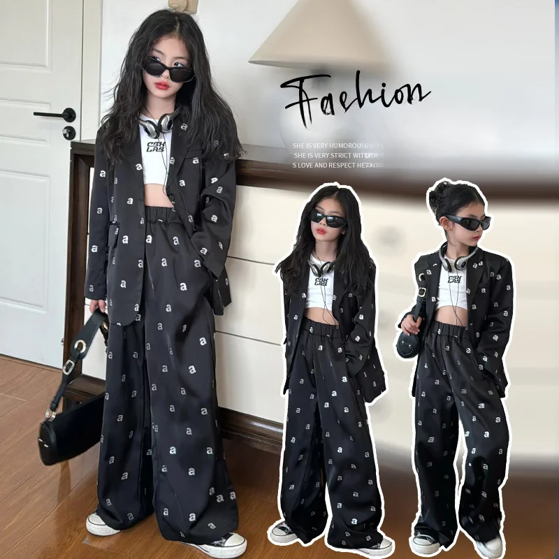 2024 Autumn Girls Suit Black Print Fashion Loose School Uniform Blazers 2pcs Teens Children Clothing Set 10 12 13 Years Outfits