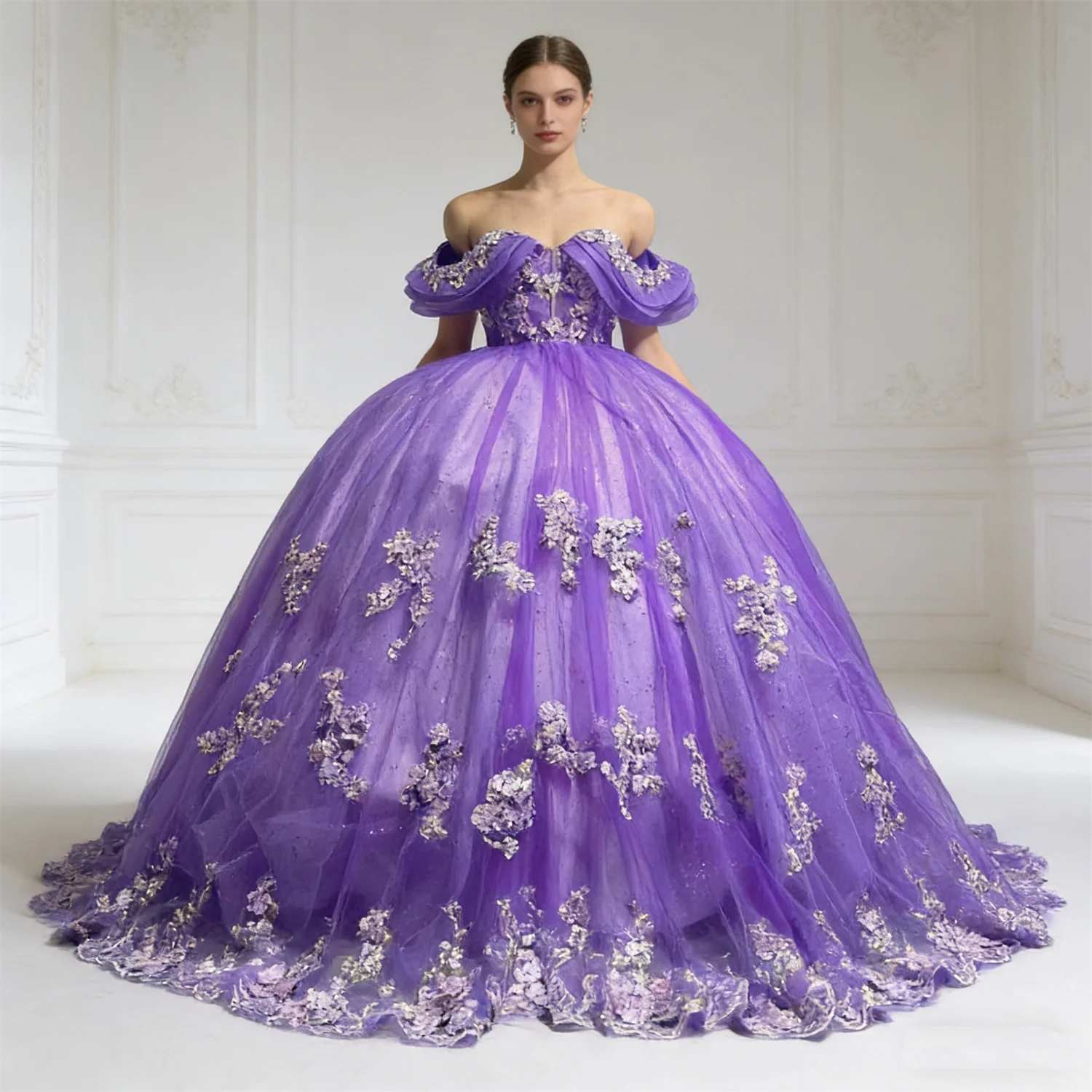 

Real Photo Purple Women Pageant Birthday Party Dress Off Shoulder Corset Sweep Train Prom Occasion 15 16 Quinceanera Customized