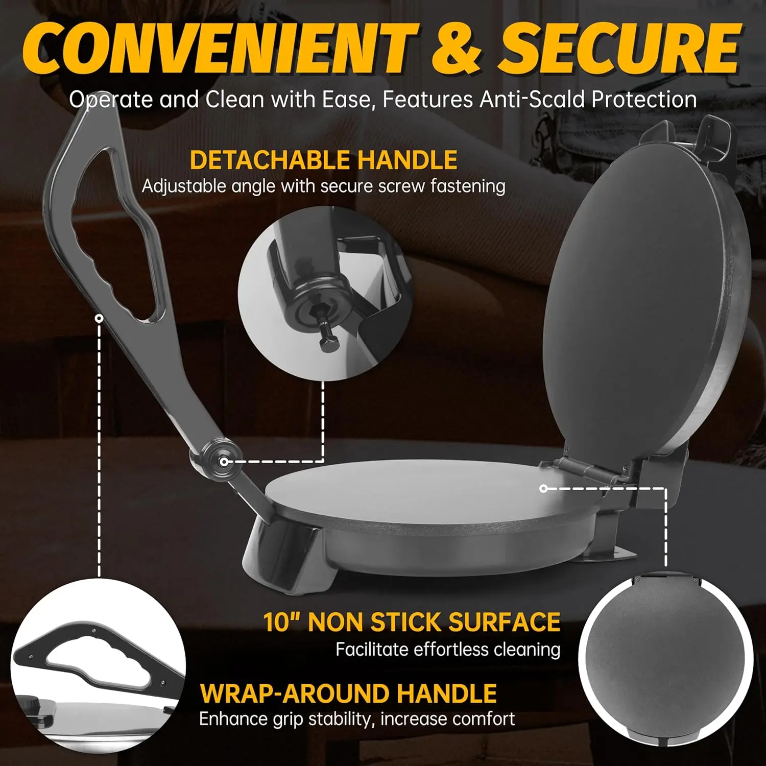 コンパクト10インチロティメーカーマシン、取り外し可能なハンドル付き電動トルティーヤプレス、チャパティメーカーマシン、ブリトーメーカー、プレンサパ