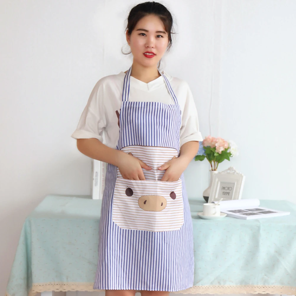 

Cartoon Pig Stripe Apron Premium Polyester Oil-Proof Dust-Proof Kitchen Cooking Pinafore Hanging Neck Large Pocket Camping