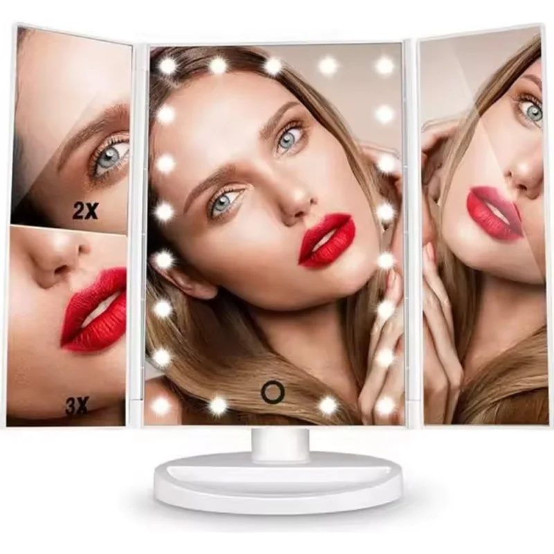 

Portable women's home three-fold mirror with light, magnifying glass, dressing table, makeup LED mirror, foldable