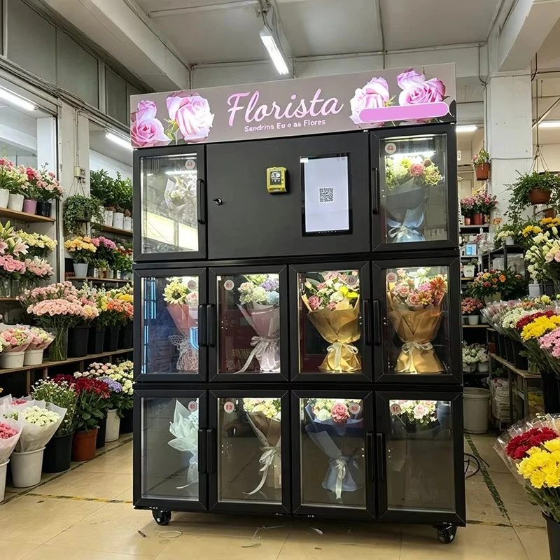 Smart Unattended Flower Vending Kiosk, Refrigerated Compartment Storage, Remote Inventory Monitoring for shopping Lobby Sales