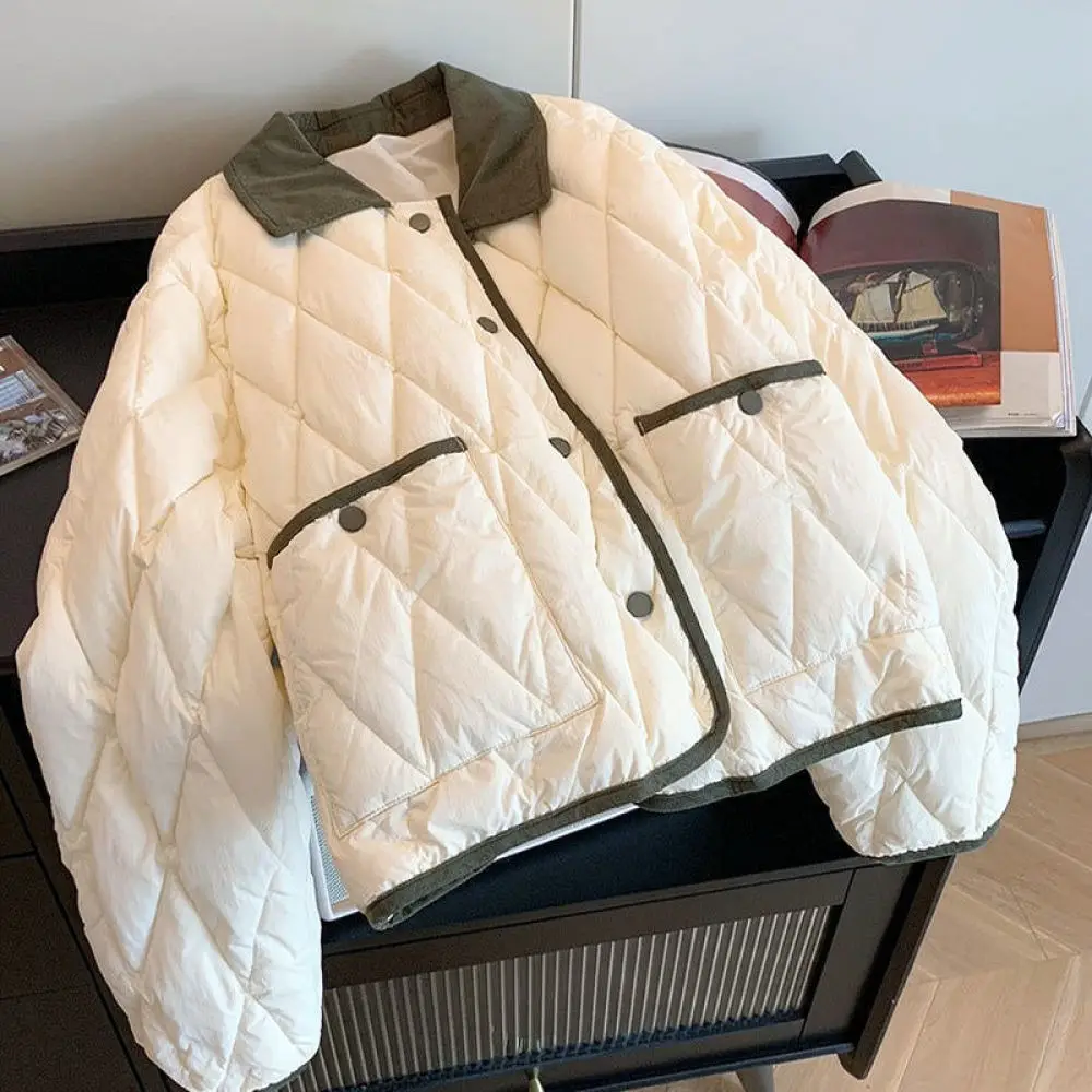 Fashion Women Winter Quilted Coat Stylish Contrast Diamond Lapel Cotton Padded Jacket Loose Casual Lightweight Warm Soft Outwear