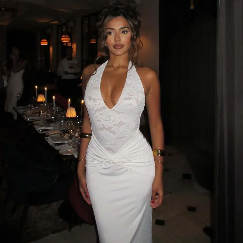 Twist Patchwork encaje ceñido al cuerpo Maxi vestido de fiesta mujeres cuello en V con cordones Halter espalda descubierta ajustado graduación cumpleaños vestido largo de noche