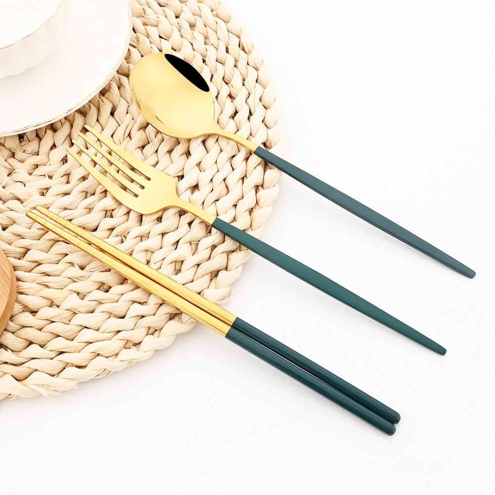 16pcs Green Gold Luxury Dinnerware Set Chopsticks Knife Fork Spoon Cutlery Set Stainless Steel Kitchen Flatware Korean Tableware