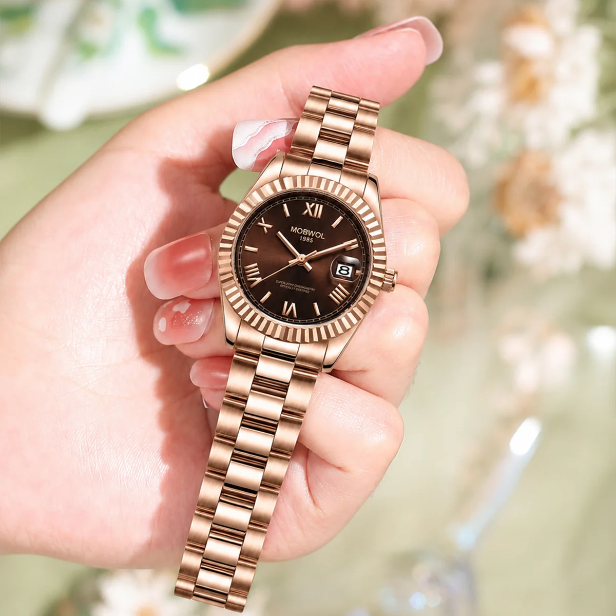 MOBWOL 2026 Women's Wristwatch Luxury Rose Gold Stainless Steel Watch Roman Numeral Dial with Date Window Ideal Gift for Women