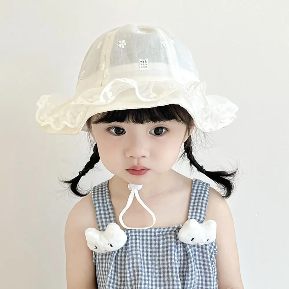 

Casual Sweet White Lace Bucket Hat Sunscreen with Rope Toddler Sun Hat Ruffle Princess Baby Fishermen Hat Summer