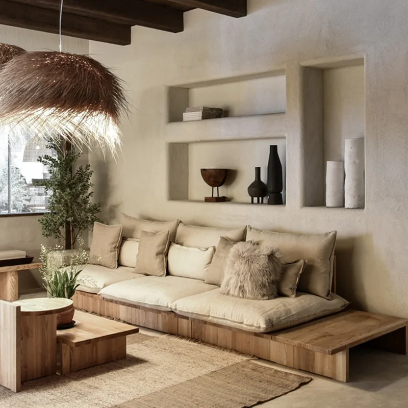 Nordic Japanese-style log wind B & B Solid wood fabric sofa Household small apartment combination Simple living room Leisure car