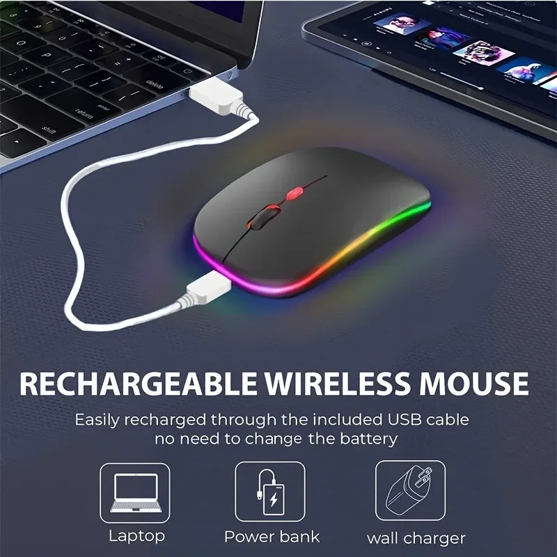 ماوس لاسلكي متوافق مع بلوتوث 2.4 جيجا هرتز أوضاع مزدوجة ماوس قابل لإعادة الشحن RGB مريح صامت انقر للكمبيوتر الشخصي iPad والكمبيوتر المحمول Huaiwei