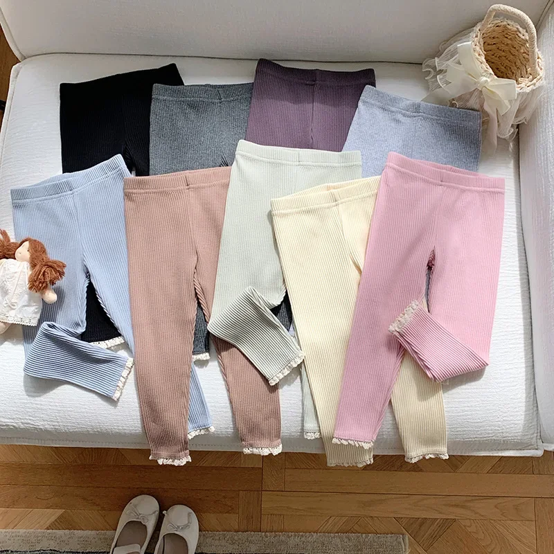 

2025 Autumn New Korean Style Girls Pants Cotton Lace Trim Casual Long Trousers Elastic Kids Bottoms for 3-8 Years