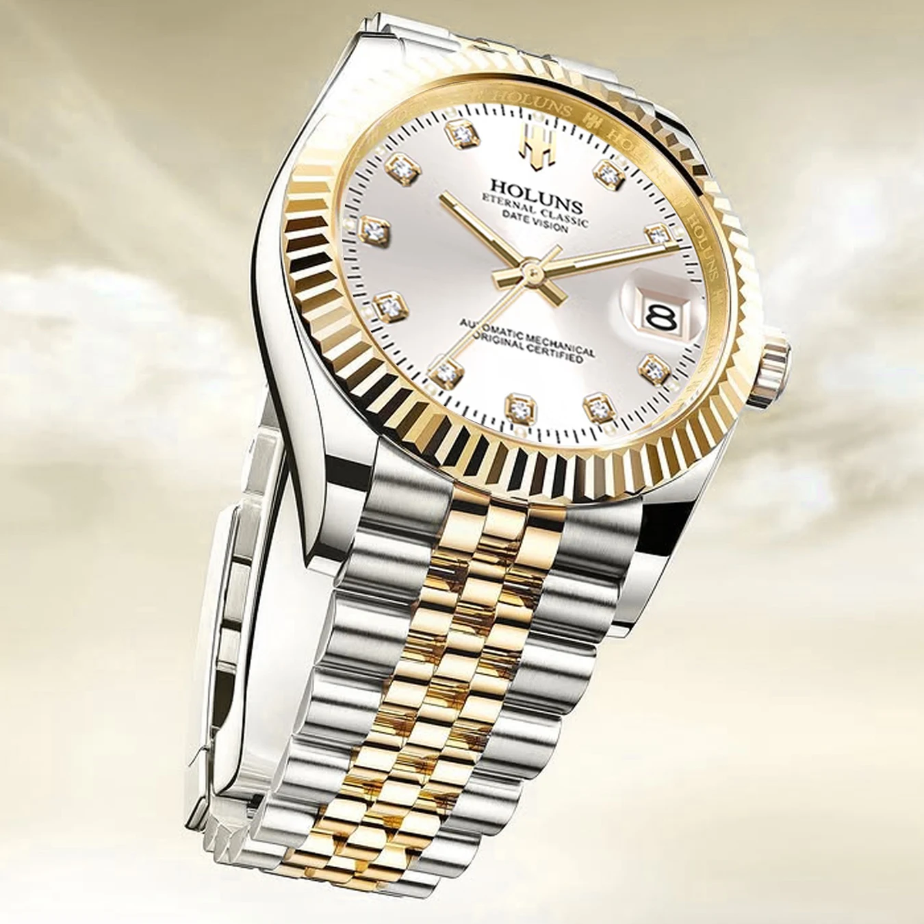 

A men's room gold steel strip luminous calendar design with a business style high-end fully automatic mechanical watch