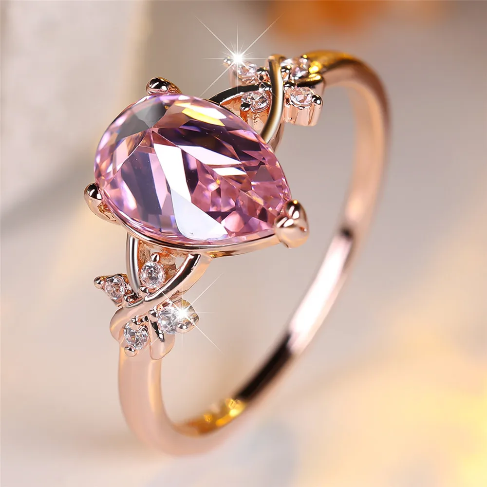 Elegante rosa Kristall Wasser tropfen Steinringe für Frauen Roségold Farbe Verlobung sband Hochzeits schmuck