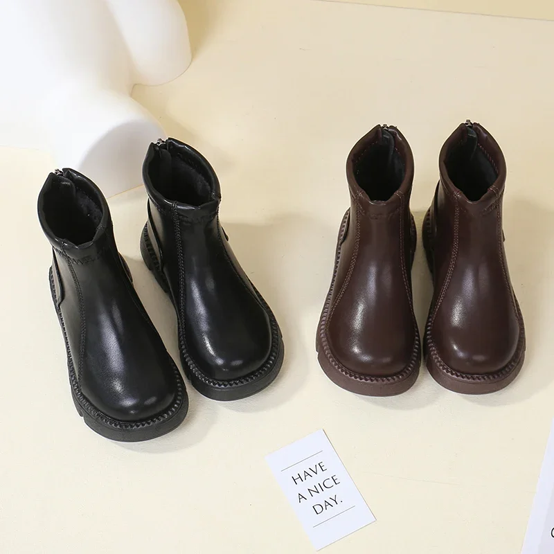 Winter Children\'s Boots Black Brown Versatile Girls Platform Ankle Boots Simple Classic Kids Fashion Causal Plush Boots Zipper
