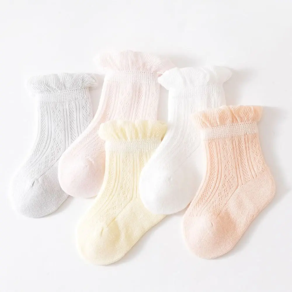 4Pairs Sweet Cotton Baby Ruffle Socks Hollow Newborn Kids Mesh Tube Socks Non-slip Infant Toddle Short Socks First Walkers