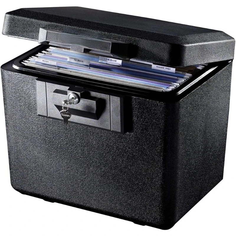 

Black Fireproof Document Box with Key Lock, Safe Secures Files and Documents for Home or Office, 0.61 Cubic Feet,