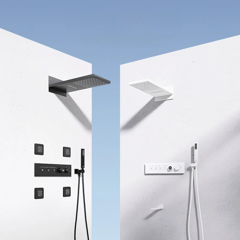 FARRETE Luxury gun grey concealed thermostatic shower head set Embedded in the wall digital display button waterfall shower set