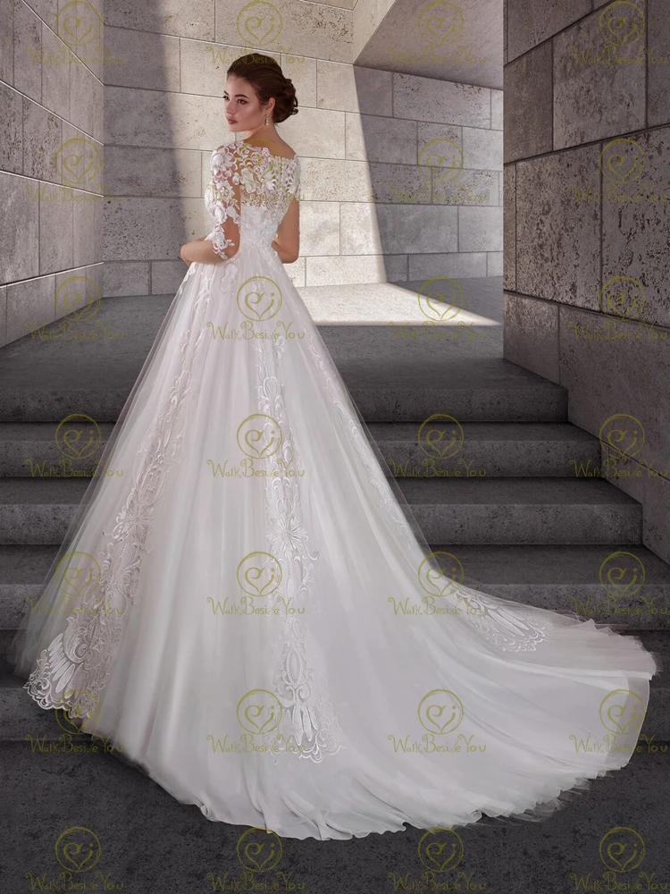 Gaun pernikahan hamil 2024 renda Applique Tulle lengan 3/4 gaun pengantin garis A pesta Formal wanita pengantin buatan khusus elegan