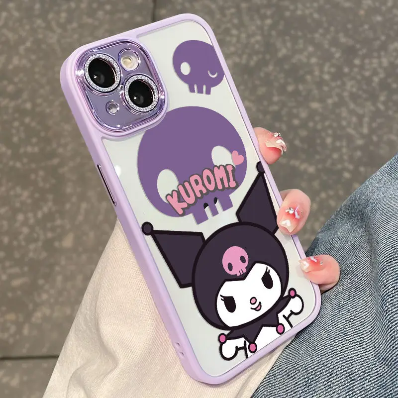 Kuromi y2k casing ponsel transparan, casing pelindung penuh akrilik lensa berkilau berkilau kartun kartun untuk iPhone 14Promax 13 12 11pm