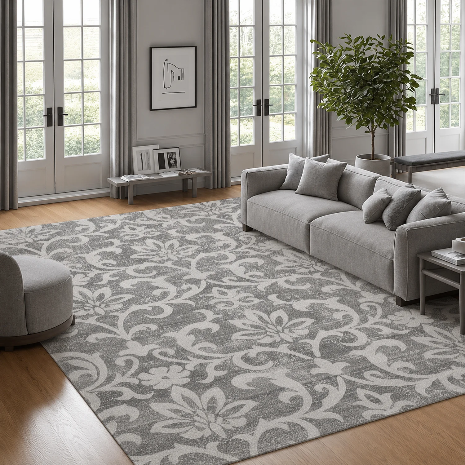 Large Indoor Area Rug, Soft Velvet Low Pile Rug with Non-slip Dotted Backing & Machine Washable, Gray Vintage Floral Vine Scroll Pattern for Living Room, Bedroom, Dining Room