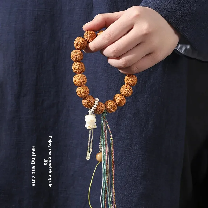Chinese Tide Ethnic Style High Grade Meat King Kong Bodhi with Cute Cure Charcoal Braised Mini Bear Charms Handheld Tassel Rope