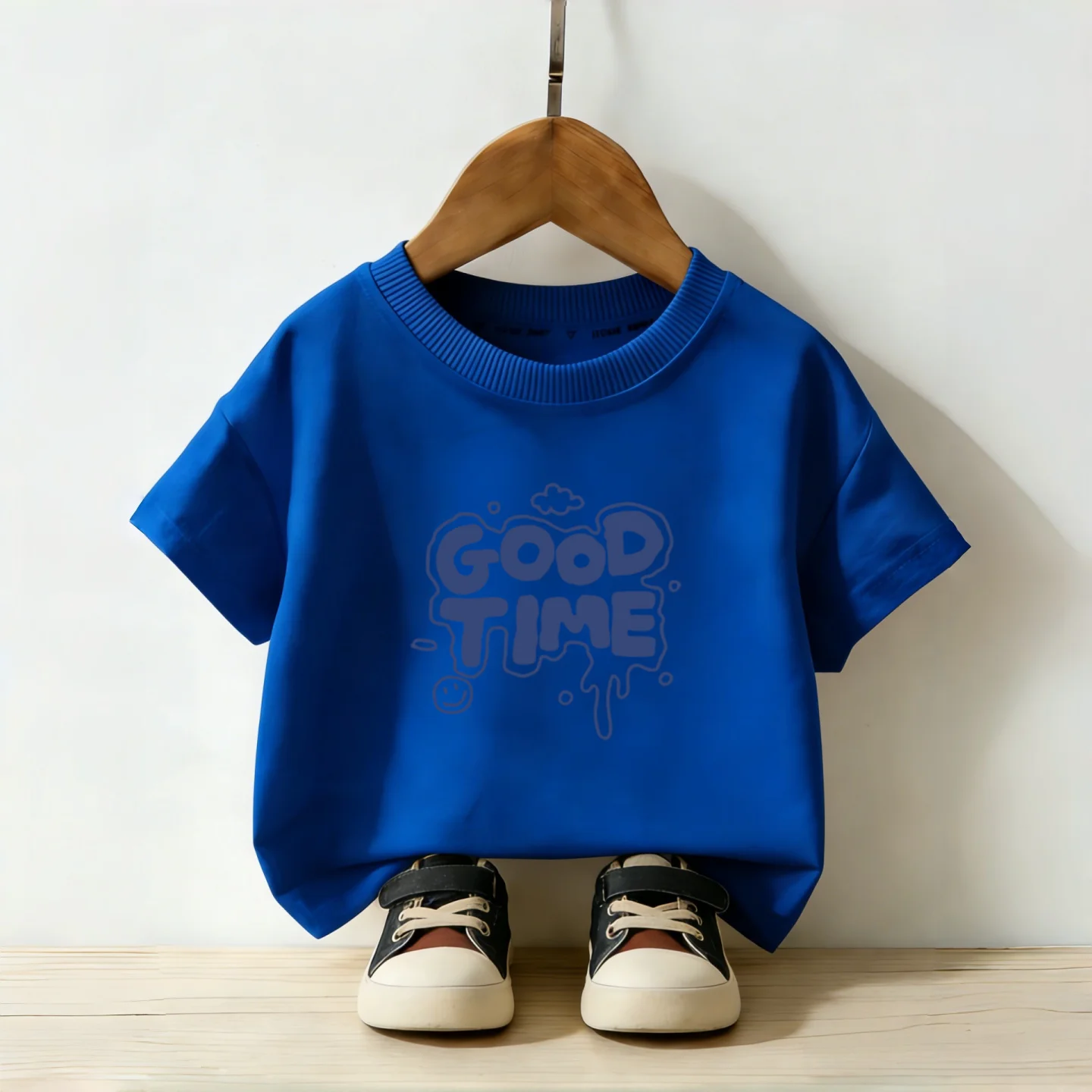 New Good Time Letter Printed Children's T-shirt for Boys and Girls Round Neck Loose Summer Casual Parent-child Travel Top