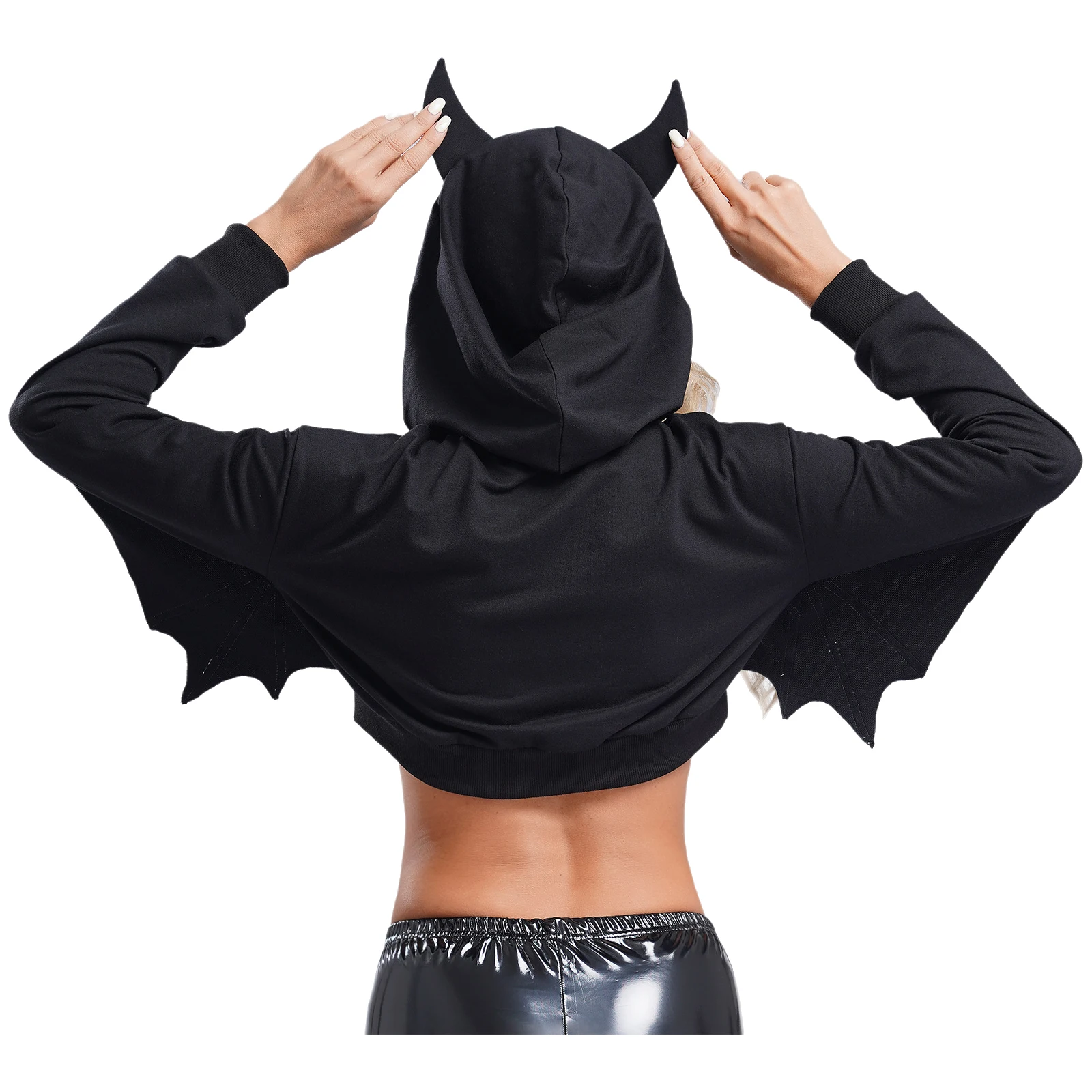 Womens Halloween Costume Black Batwing Hooded Sweatshirt Drawstring Hood Long Sleeve Stylish Print Crop Top Outerwear Streetwear