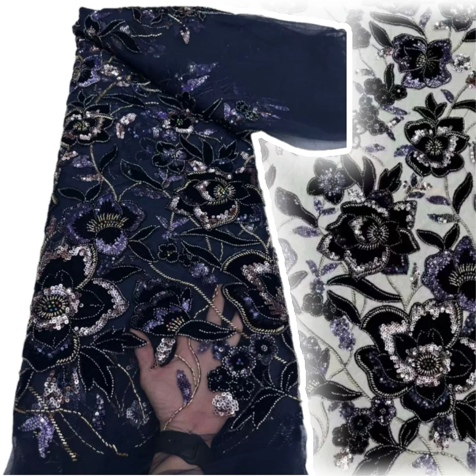 

African Handmade Sequins Beaded Lace Fabric Nigerian High Quality Velevt Pearls Lace Fabric for Bridal Wedding Dresses CC1780